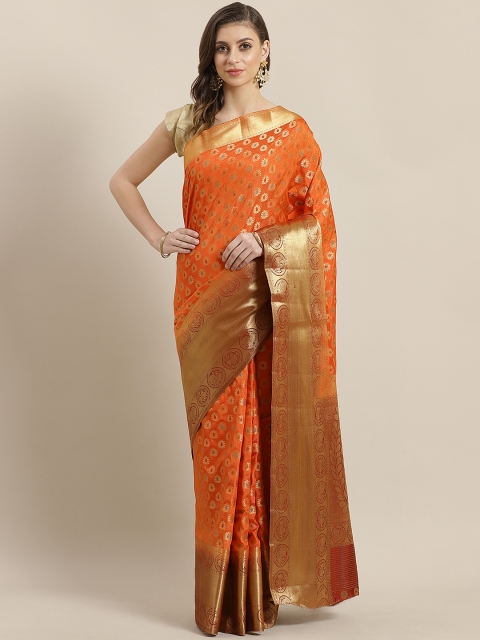 

Mitera Orange & Golden Woven Design Zari Banarasi Saree