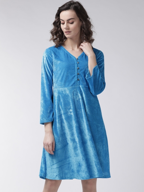 

Rue Collection Women Blue Velvet Finish Solid A-Line Dress