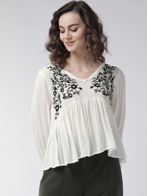 

Rue Collection Women White & Black Embroidered High-Low A-Line Top