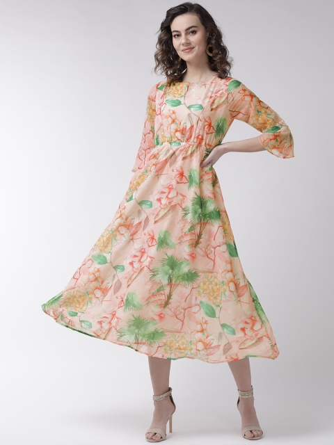 

Rue Collection Women Peach-Coloured & Green Floral Print A-Line Dress