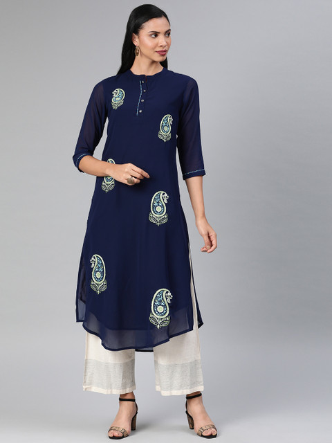 

Rain & Rainbow Women Navy Blue Embroidered A-Line Kurta