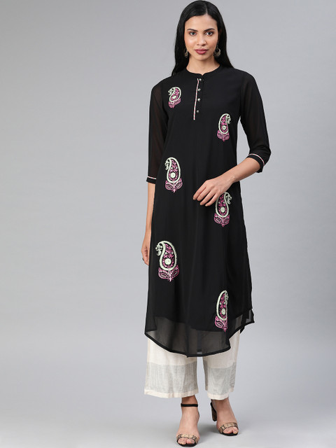 

Rain & Rainbow Women Black Embroidered A-Line Kurta