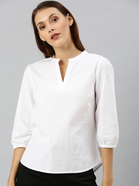 

Denizen From Levis Women White Self-Striped Top With Puff Sleeves