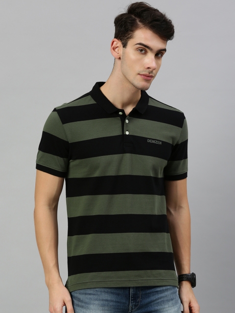 

Denizen From Levis Men Olive Green & Black Striped Polo Collar T-shirt