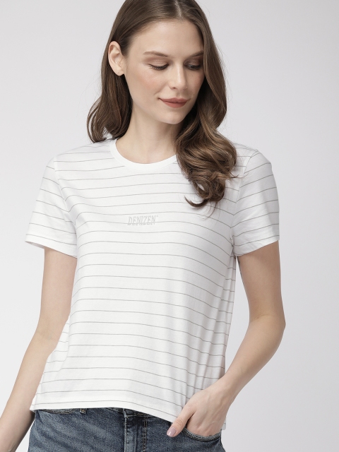 

Denizen From Levis Women White & Grey Striped Round Neck T-shirt