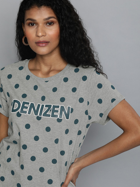

Denizen From Levis Women Grey & Teal Blue Printed Taylor Roll Sleeve Round Neck T-shirt