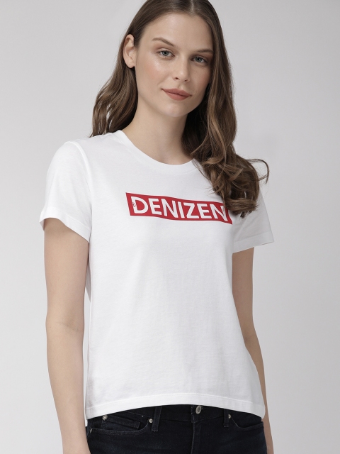 

Denizen From Levis Women White Printed Round Neck Pure Cotton T-shirt