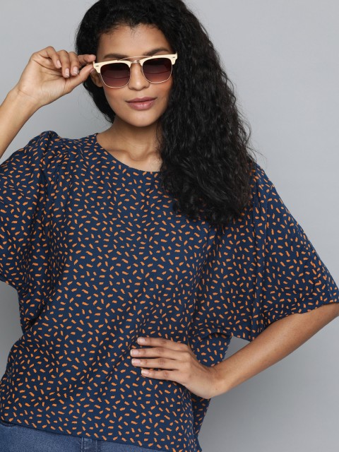 

Denizen From Levis Women Navy Blue & Rust Orange Printed Top