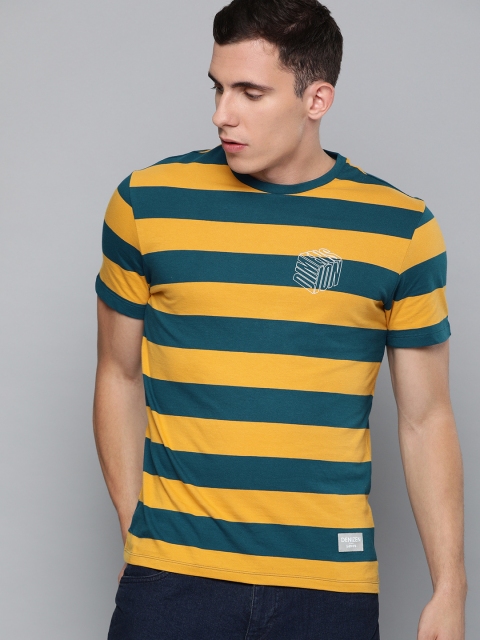 

Denizen From Levis Men Mustard Yellow & Teal Blue Striped Round Neck T-shirt
