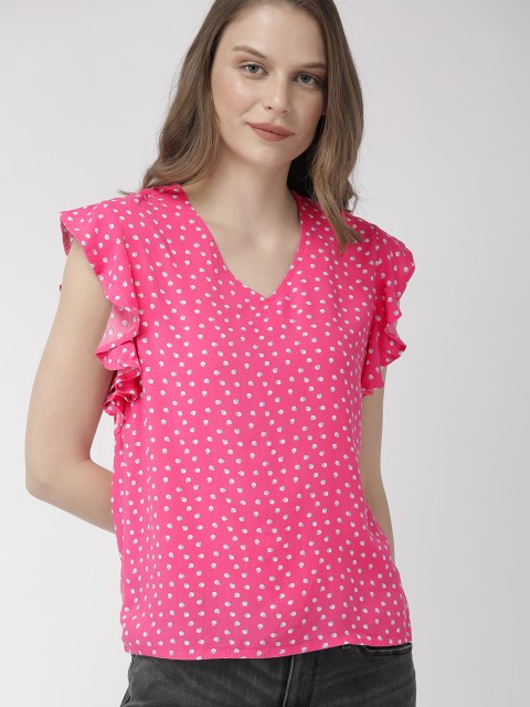 

Denizen From Levis Women Pink & Blue Printed Top With Flutter Sleeves