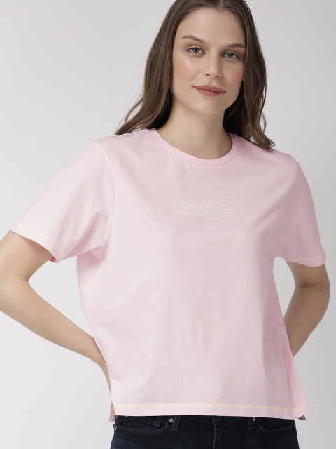 

Denizen From Levis Women Pink Solid Round Neck T-shirt With Printed Detail