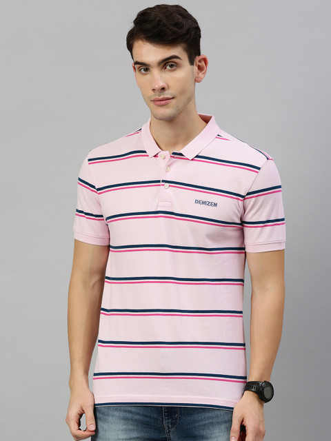 

Denizen From Levis Men Pink & Navy Blue Striped Polo Collar T-shirt