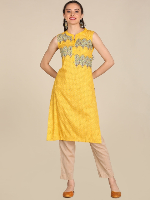 

Karigari Women Yellow & Pink Printed Straight Kurta