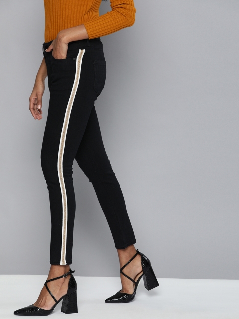 

HERE&NOW Women Black Super Skinny Fit Mid-Rise Stretchable Jeans With Side Stripes
