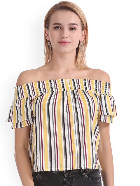 

Sugr Women Yellow Candy Striped Bardot Top