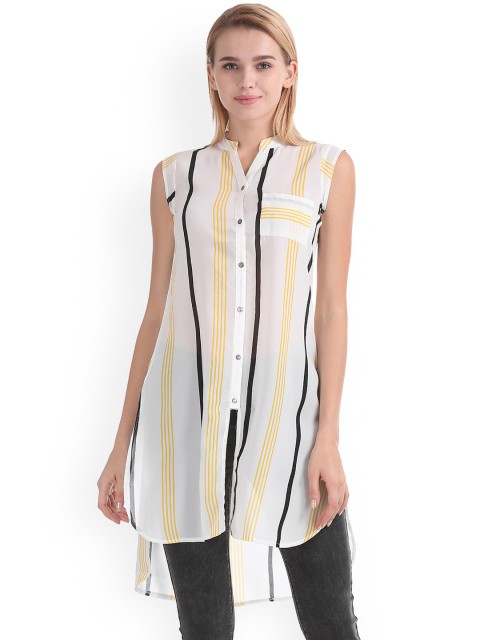 

Sugr Women Off-White Striped Shirt Style Longline Top