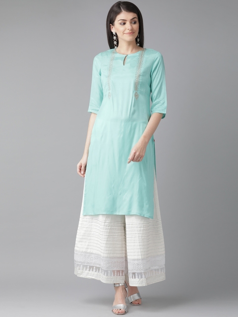 

W Women Blue & Golden Yoke Design Straight Kurta