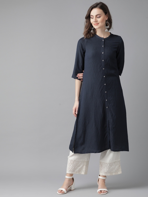 

W Women Navy Blue Woven Design Straight Kurta