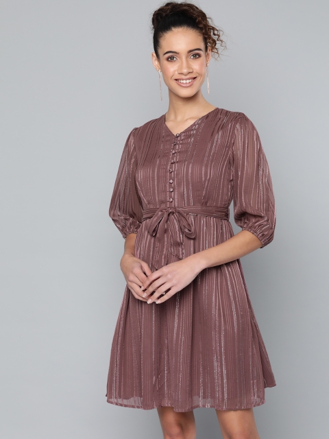 

STREET 9 Women Mauve & Silver Striped A-Line Dress
