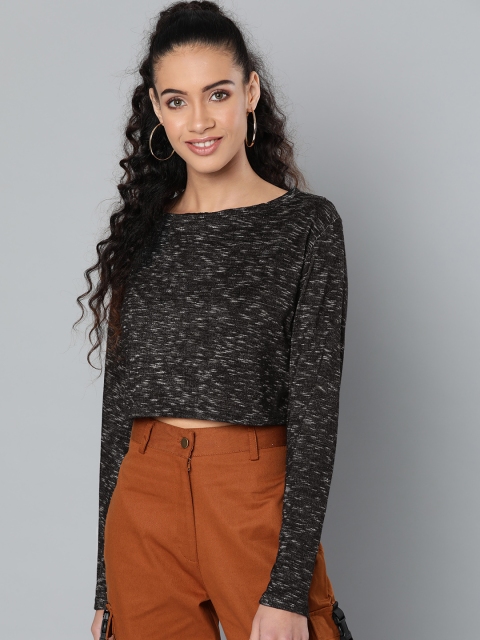 

STREET 9 Women Charcoal Grey & Off-White Melange Effect Crop Pure Cotton Top