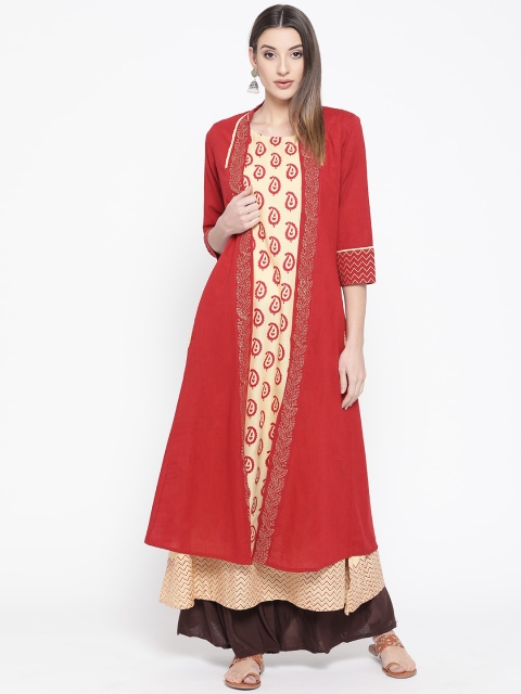 

WomenMagic Women Rust Red & Cream-Coloured Solid Layered A-Line Kurta