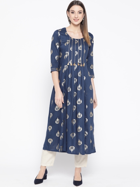 

WomenMagic Women Navy Blue & Golden Printed A-Line Kurta