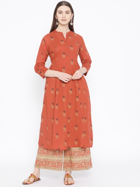 

TARA-C-TARA Women Rust Orange & Beige Printed Dobby Weave Kurta with Palazzos