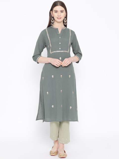 

TARA-C-TARA Women Charcoal Grey & Green Embroidered Kurta with Trousers