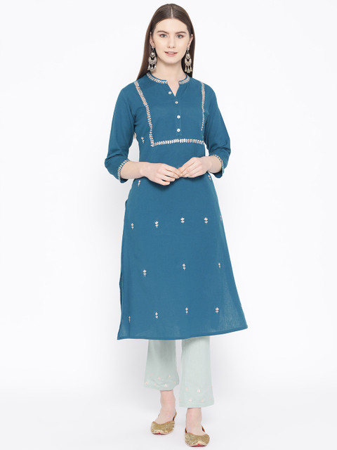 

TARA-C-TARA Women Teal Blue & Sea Green Embroidered Kurta with Trousers