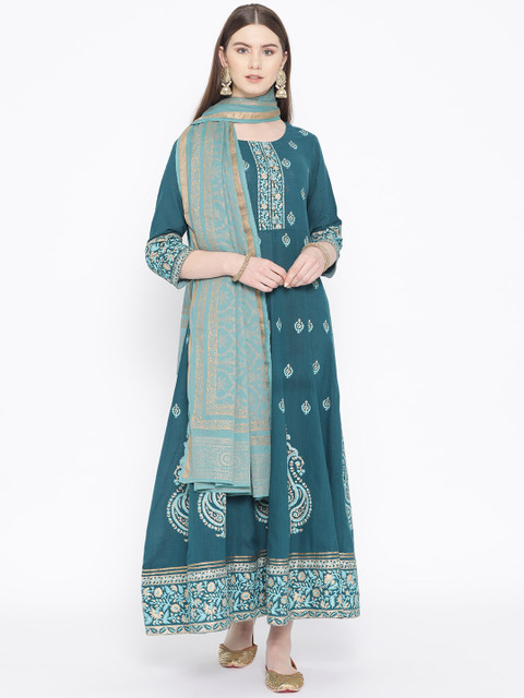 

TARA-C-TARA Women Teal Blue Block Print Maxi Dress with Dupatta