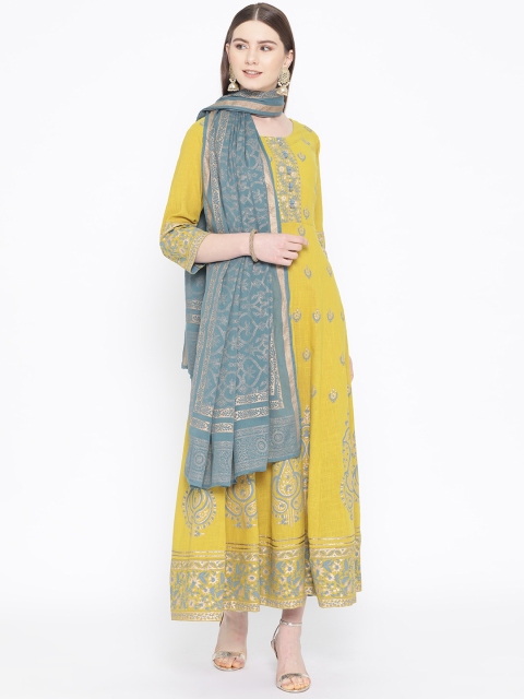

TARA-C-TARA Women Mustard Yellow & Blue Hand Block Printed Maxi Dress With Dupatta