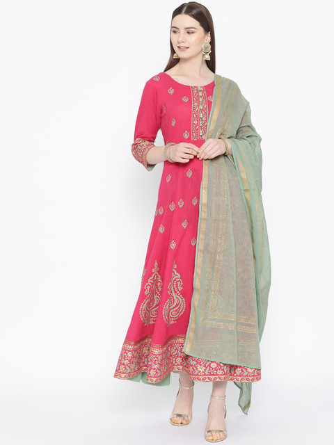 

TARA-C-TARA Women Magenta & Sea Green Hand Block Printed Maxi Dress With Dupatta