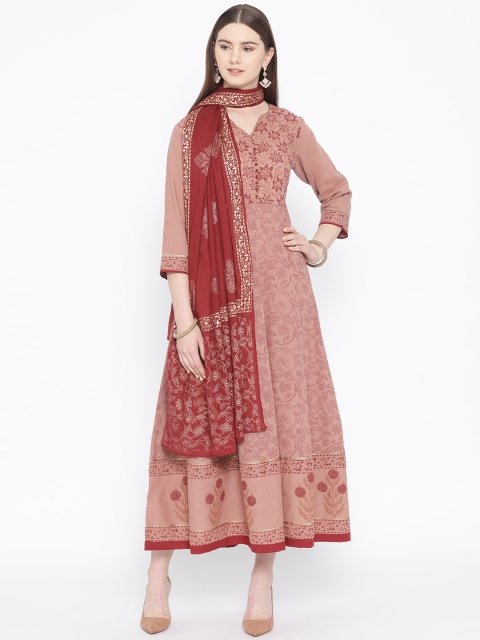 

TARA-C-TARA Women Dusty Pink & Maroon Handblock Printed Maxi Dress With Dupatta