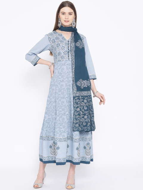 

TARA-C-TARA Women Blue & Silver Hand Block Printed Maxi Dress With Dupatta