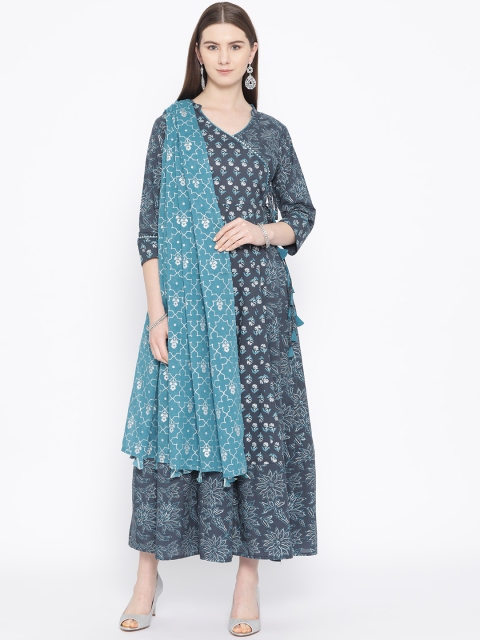 

TARA-C-TARA Women Navy Blue & Silver Printed Maxi Dress With Dupatta