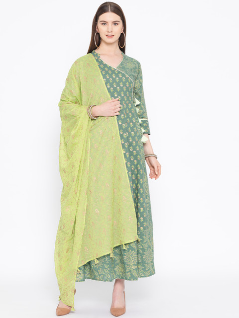 

TARA-C-TARA Women Green & Golden Printed Maxi Dress With Dupatta