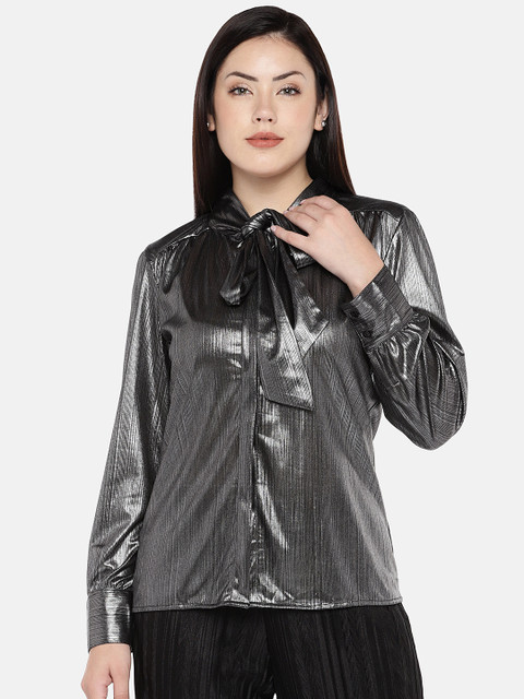 

The Label Life Women Gunmetal-Coloured Regular Fit Self Design Casual Shirt, Metallic