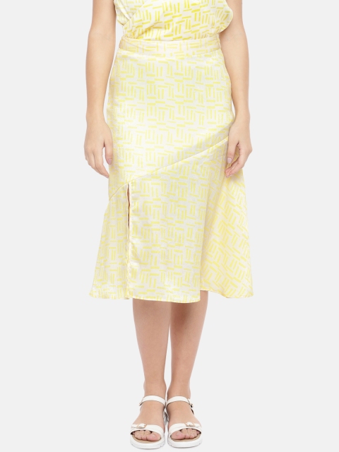 

The Label Life Women Off-White & Yellow Printed Midi Trumpet Skirt
