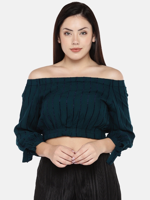 

The Label Life Women Teal Green Striped Crop Bardot Top