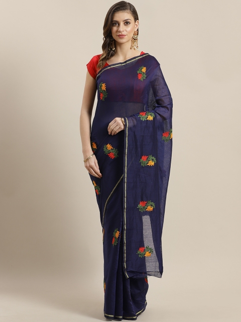 

Ishin Navy Blue & Red Embroidered Saree