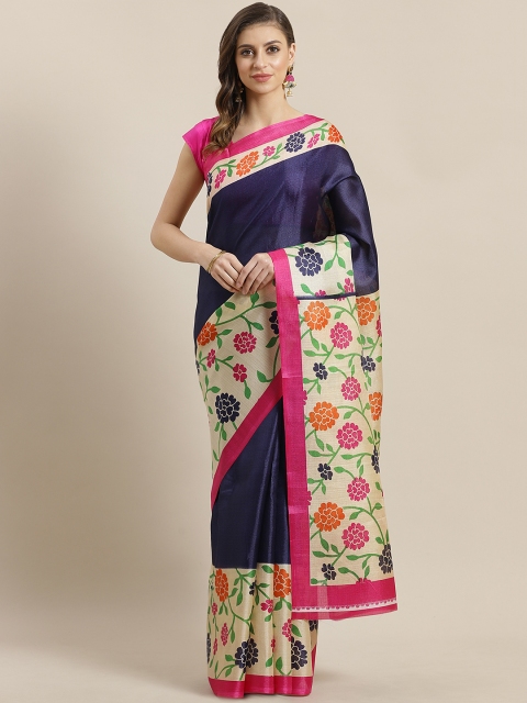 

Ishin Navy Blue & Cream-Coloured Solid Saree