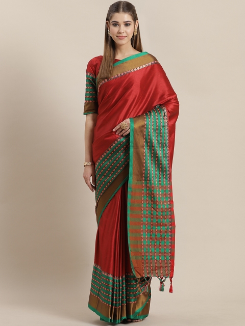 

Saree mall Red & Green Solid Khadi Saree