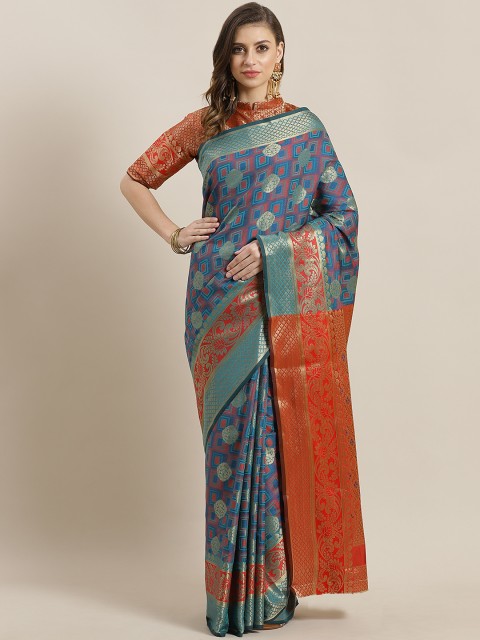 

Saree mall Teal Green & Red Woven Design Banarasi Saree