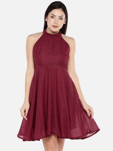 

The Label Life Women Burgundy Self Design Fit and Flare Dress