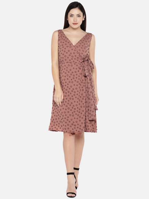 

The Label Life Women Beige & Black Printed Wrap Dress