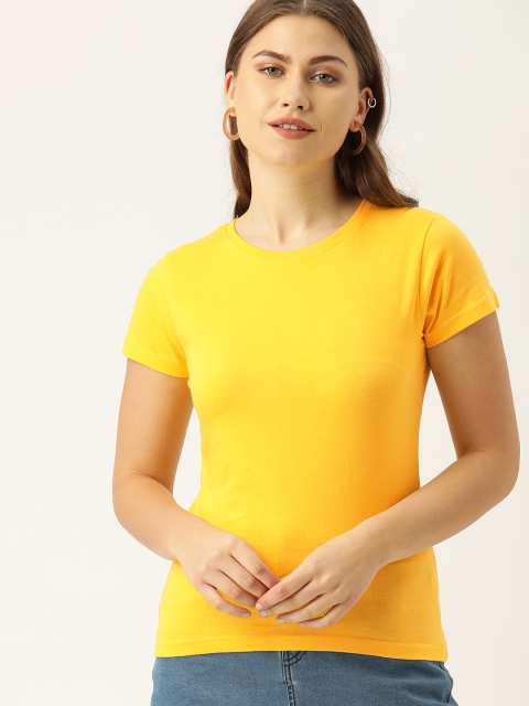 

DrunkenMonk Women Yellow Solid Round Neck T-shirt