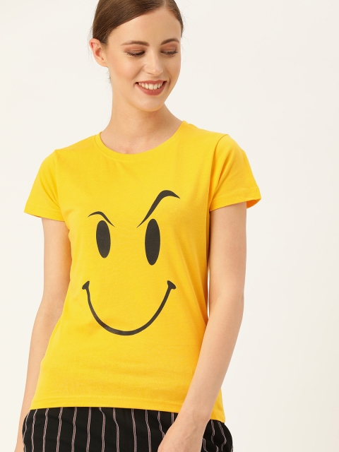 

DrunkenMonk Women Yellow Printed Round Neck T-shirt