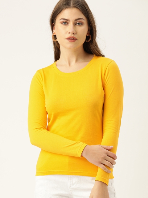 

DrunkenMonk Women Yellow Solid Round Neck T-shirt