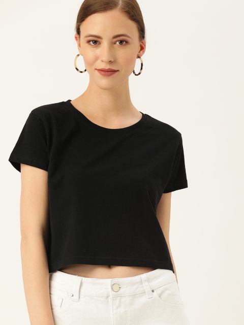 

DrunkenMonk Women Black Solid Round Neck Cropped T-shirt