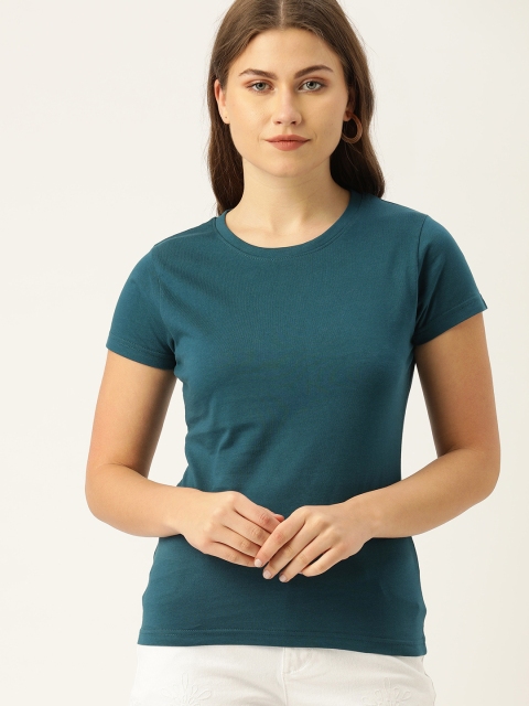 

DrunkenMonk Women Teal Blue Solid Round Neck T-shirt